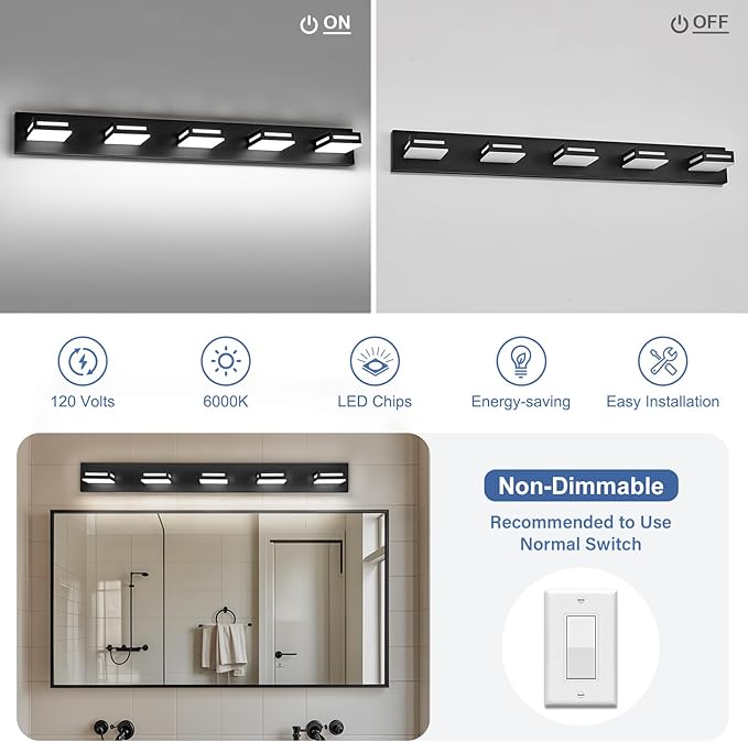 LED Modern Bathroom Light Fixtures, 5-Light 40-Inch Matte Black Vanity Lights for Bathroom Lighting Fixtures Over Mirror, 350° Rotatable Acrylic, 6000K Cool White Wall Lamp