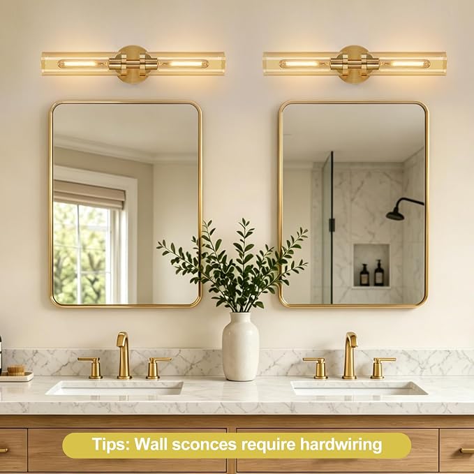 Indoi Wall Sconces Set of Two, Hardwired Brushed Gold Bathroom Sconces Wall Lighting with Amber Glass, Modern Sconces Wall Decor Set of 2 Vanity Light fixtures for Bathroom Mirror Bedroom