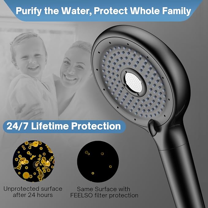 FEELSO Filtered Shower Head with Handheld, High Pressure Shower Filter Head | 15 Stage Water Softener Filters for Hard Water, Remove Chlorine & Harmful Substance, 6 Spray Mode, Hose & Bracket, 2 Filters