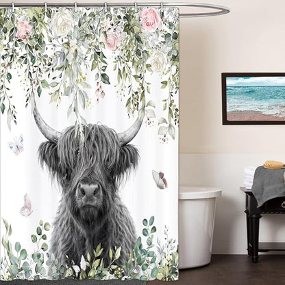 Highland Cow Shower Curtain, Floral Eucalyptus & Butterfly Farmhouse Bathroom Decor, Waterproof Washable Polyester Fabric, Shower Curtains Set with Hooks 36X72inch.