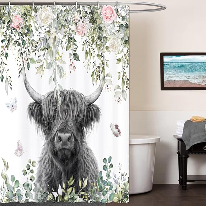 Highland Cow Shower Curtain, Floral Eucalyptus & Butterfly Farmhouse Bathroom Decor, Waterproof Washable Polyester Fabric, Shower Curtains Set with Hooks 48X72inch.