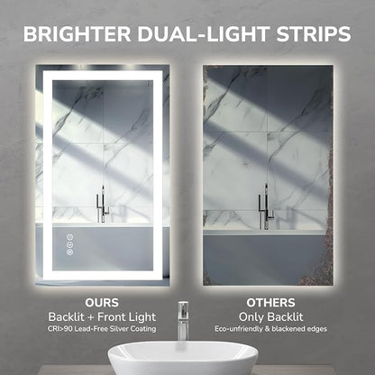 LED Bathroom Mirror 20x28 Inch Tempered Glass - Frameless LED Backlit Lighted Mirror for Bathroom Vanity with Anti-Fog, 3 Colors Dimmable, Memory Function, Wall-Mounted
