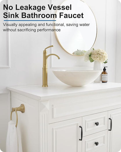 Tall Vessel Sink Faucet, Brass Waterfall Bathroom Sink Faucet Single Handle, Gold Bathroom Faucet 1 Hole, Tall Bathroom Faucets with Pop-Up Drain Water Supply Hoses