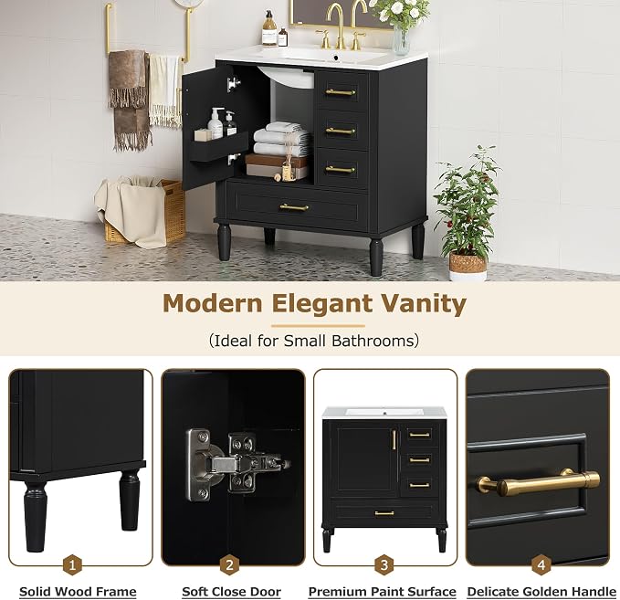 30" Bathroom Vanity with Sink,Free Standing Single Basin Vanity Set w/ 3 Drawers & Soft Closing Door,Solid Wood Frame,Metal Handles,Modern Storage Cabinet for Small Space,Black