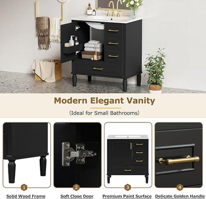30" Bathroom Vanity with Sink,Free Standing Single Basin Vanity Set w/ 3 Drawers & Soft Closing Door,Solid Wood Frame,Metal Handles,Modern Storage Cabinet for Small Space,Black