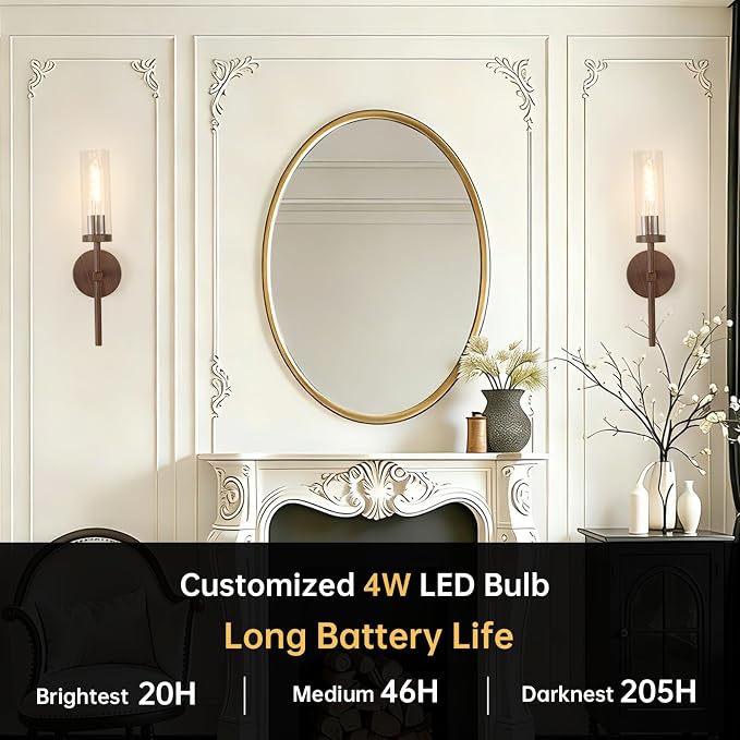 Shenmoyl Battery Operated Wall Sconces Set of 2, Walnut Color Rechargeable Wall Lighting Fixtures, Dimmable Wall Lights with Remote & Clear Glass Shade for Living Room, Bathroom,Bedroom