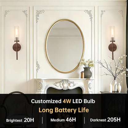 Shenmoyl Battery Operated Wall Sconces Set of 2, Walnut Color Rechargeable Wall Lighting Fixtures, Dimmable Wall Lights with Remote & Clear Glass Shade for Living Room, Bathroom,Bedroom