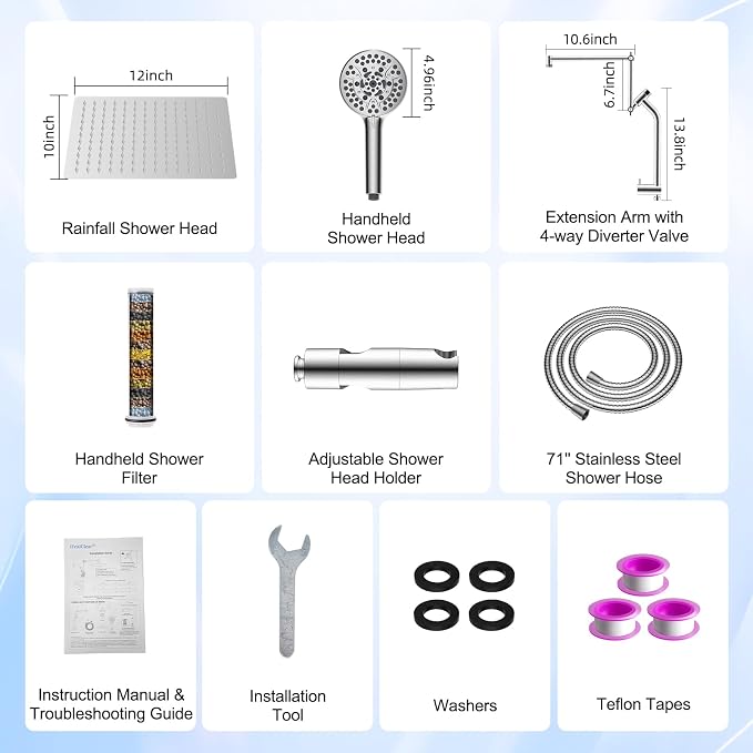 12” Metal Rain Shower Head with Handheld, 10-Mode with Filter, Easy Reach | Chrome, High-Pressure Rainfall Showerhead, Upgraded 4-Way Diverter Pause Mode, Adjustable 16" Extension Arm/71" Hose/Holder