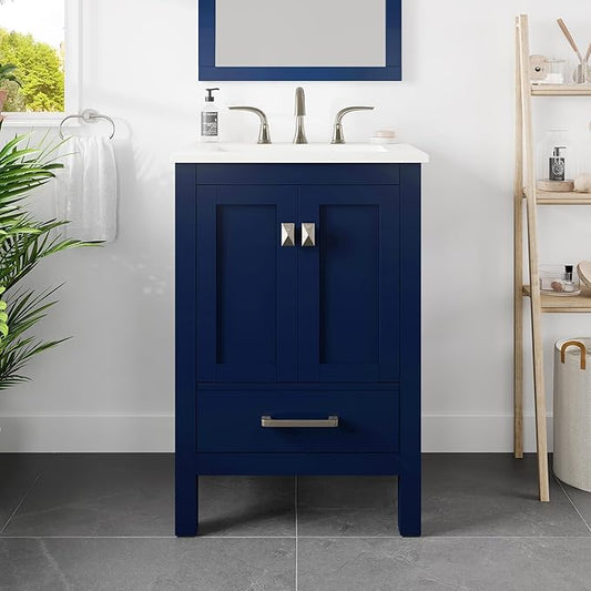 Eviva Aberdeen 24 in. Blue Single Sink Bath Vanity with Carrara Quartz Top and Undermount Porcelain Sink