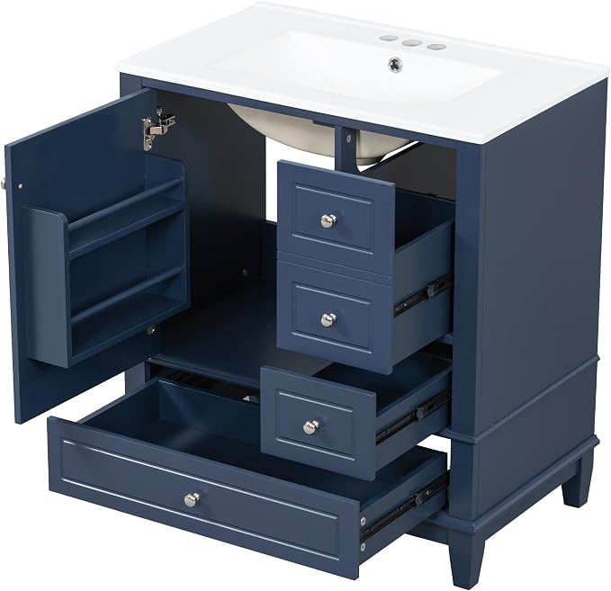 Bathroom Vanity with Ceramic Sink 30 Inch, Cabinet with One Door and Three Drawers, Soft-Closing Door, Solid Wood Legs, Blue