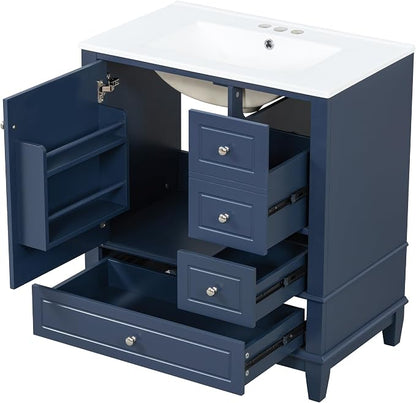 Bathroom Vanity with Ceramic Sink 30 Inch, Cabinet with One Door and Three Drawers, Soft-Closing Door, Solid Wood Legs, Blue