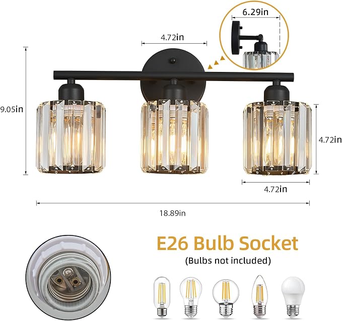 Modern 3 Light Crystal Vanity Light, Black Vertical Bathroom Light Fixture Over Mirror for Dressing Table Sink, Compatible with Dimmable Bulbs (Bulbs Not Included)
