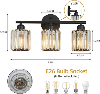 Modern 3 Light Crystal Vanity Light, Black Vertical Bathroom Light Fixture Over Mirror for Dressing Table Sink, Compatible with Dimmable Bulbs (Bulbs Not Included)