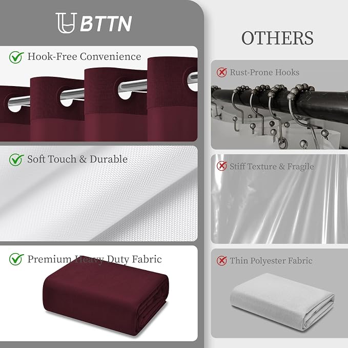 Burgundy Ringless Linen Look Shower Curtain with Snap in Liner, 72x75 | 3 in 1 Hotel Shower Curtain Set, Removable Liner, Waterproof & Washable, Mesh Top Window, Durable Fabric, Easy to Install