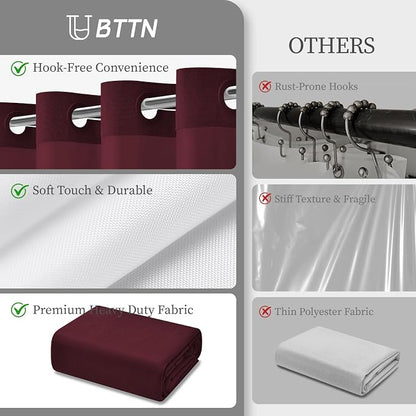 Burgundy Ringless Linen Look Shower Curtain with Snap in Liner, 72x75 | 3 in 1 Hotel Shower Curtain Set, Removable Liner, Waterproof & Washable, Mesh Top Window, Durable Fabric, Easy to Install
