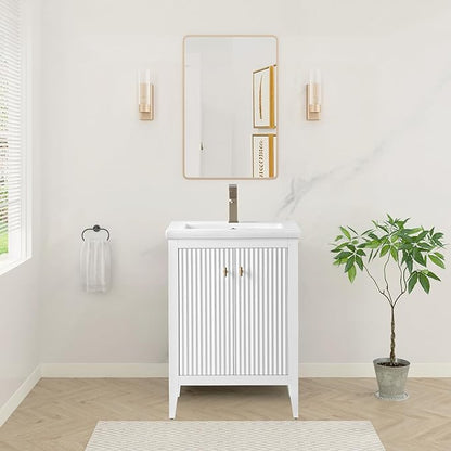 HOMEBEYOND 24" Bathroom Vanity with Ceramic Sink, Solid Wood Free-Standing Vanities Cabinet, Ceramic Top, Golden Brushed Handware & Soft Closing Door, White