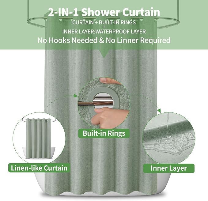 Extra Long No Hooks & No Liner Needed Fabric Shower Curtain,71x86,SageGreen | Linen Texture,100% Waterproof TPU Laminated Layer,Bottom Magnets,Machine Washable,Hotel Style Bathroom Curtain For Shower,Tub