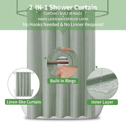 Extra Long No Hooks & No Liner Needed Fabric Shower Curtain,71x86,SageGreen | Linen Texture,100% Waterproof TPU Laminated Layer,Bottom Magnets,Machine Washable,Hotel Style Bathroom Curtain For Shower,Tub