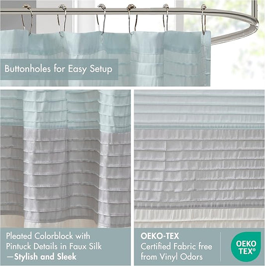 Madison Park Amherst Bathroom Shower Curtain Faux Silk Pieced Striped Modern Microfiber Bath Curtains, 72x84 Inches, Aqua