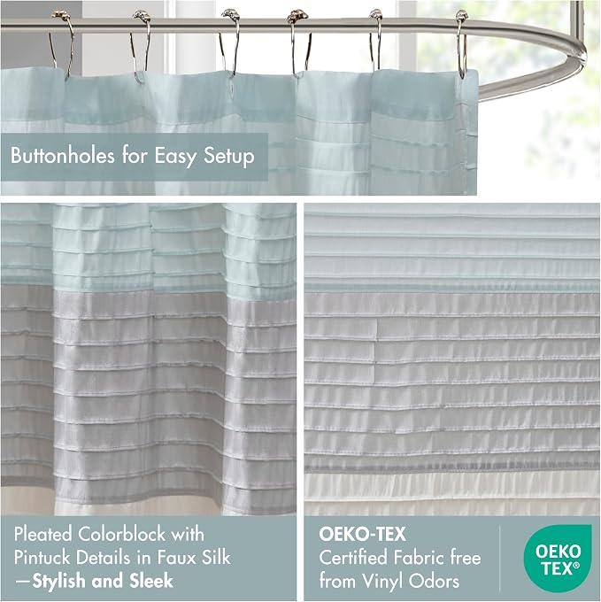 Madison Park Amherst 72 x 72 Bathroom Shower Curtain, Faux Silk, Aqua | Modern Classic, Light Sheen, Pieced, Striped, Microfiber, Machine Washable, OEKO-TEX Certified, Amherst