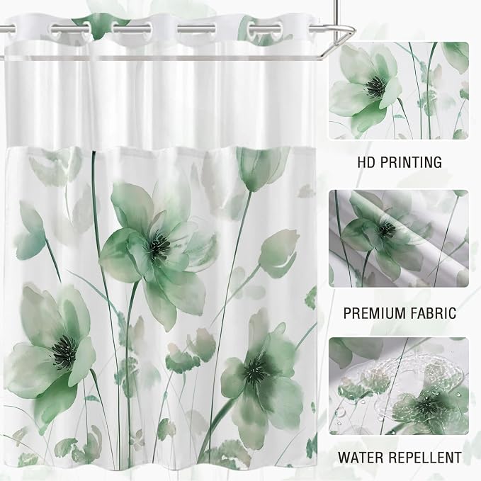 No Hook Shower Curtain and Liner Set, Green Boho Floral 71x77 | Watercolor Boho Flower, with Snap in Liner, Mesh Top Window, Waterproof, Machine Washable, Quick-Drying, for Hotel Bathroom