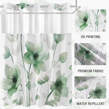 No Hook Shower Curtain and Liner Set, Green Boho Floral 71x77 | Watercolor Boho Flower, with Snap in Liner, Mesh Top Window, Waterproof, Machine Washable, Quick-Drying, for Hotel Bathroom