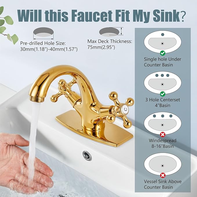 Aolemi Bathroom Sink Faucet Single Hole Cold and Hot Double Handle Cross Knobs Vanity Vessel Sink Basin Mixer Tap with Deck Cover Plate with Pop Up Drain Polish Gold
