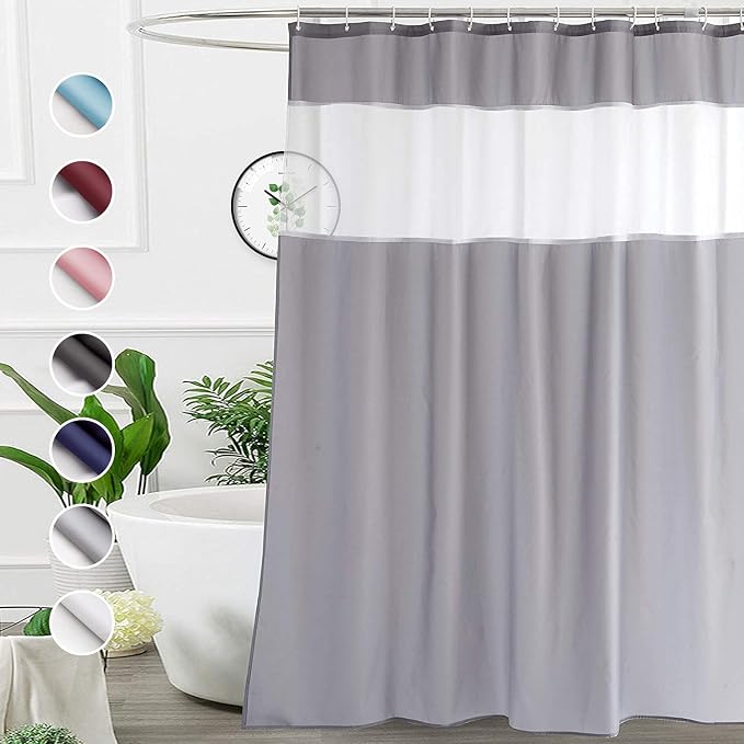 UFRIDAY 72 x 78 inches Shower Curtain Long,White and Gray Fabric Shower Curtains for Bathroom Water-Repellent with 12 Hooks,Washable Polyester Long Bathroom Shower Curtain Liner Soft, Grey
