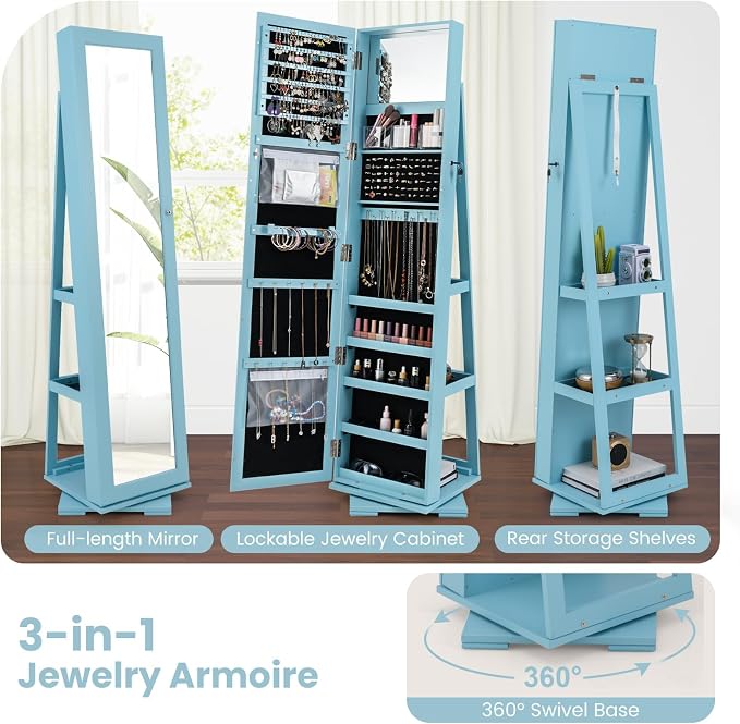 GOFLAME 360° Rotating Jewelry Armoire, Lockable Jewelry Cabinet with Full-Length Mirror & Inner Makeup Mirror, Standing Jewelry Storage Organizer with Rear Storage Shelves, Sky Blue