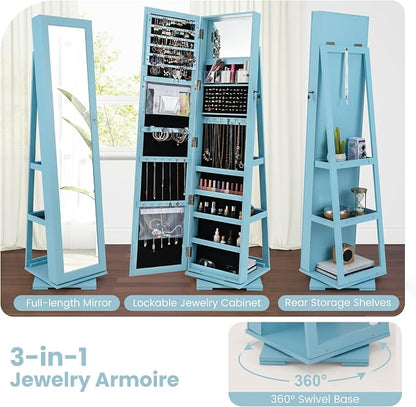GOFLAME 360° Rotating Jewelry Armoire, Lockable Jewelry Cabinet with Full-Length Mirror & Inner Makeup Mirror, Standing Jewelry Storage Organizer with Rear Storage Shelves, Sky Blue