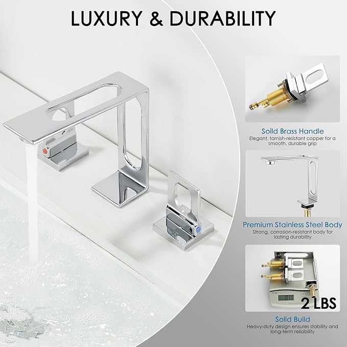 BAKALA Chrome Bathroom Faucet 3 Hole, 8 inch Widespread Bathroom Sink Faucet, 2-Handle Modern Vanity Faucet with Water Supply Lines, Hollowed Design