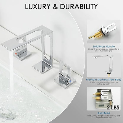 BAKALA Chrome Bathroom Faucet 3 Hole, 8 inch Widespread Bathroom Sink Faucet, 2-Handle Modern Vanity Faucet with Water Supply Lines, Hollowed Design