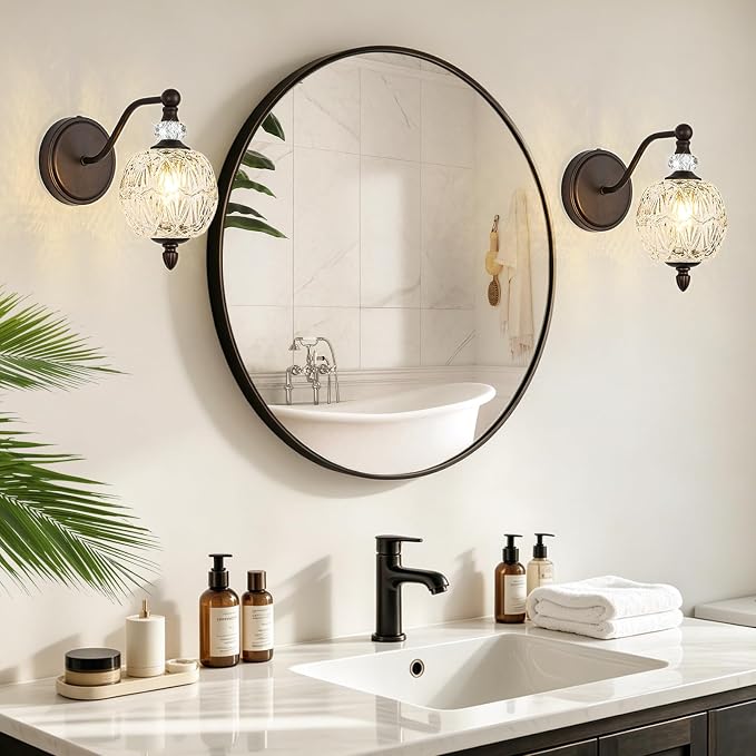 1 Piece Vintage Wall Sconce, 1-Light Mid Century Oil Rubbed Bronze Finish Wall Sconce with Globe Glass Shade, Retro Light for Bathroom, Bedroom, Living Room,Powder Room