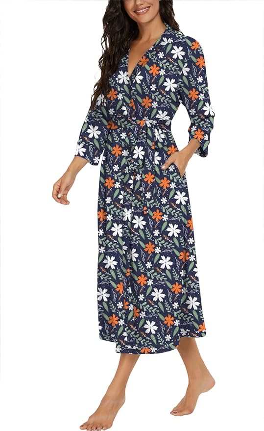 VINTATRE Women Kimono Robes Long Knit Bathrobe Lightweight Soft Knit Sleepwear V-neck Casual Ladies Loungewear