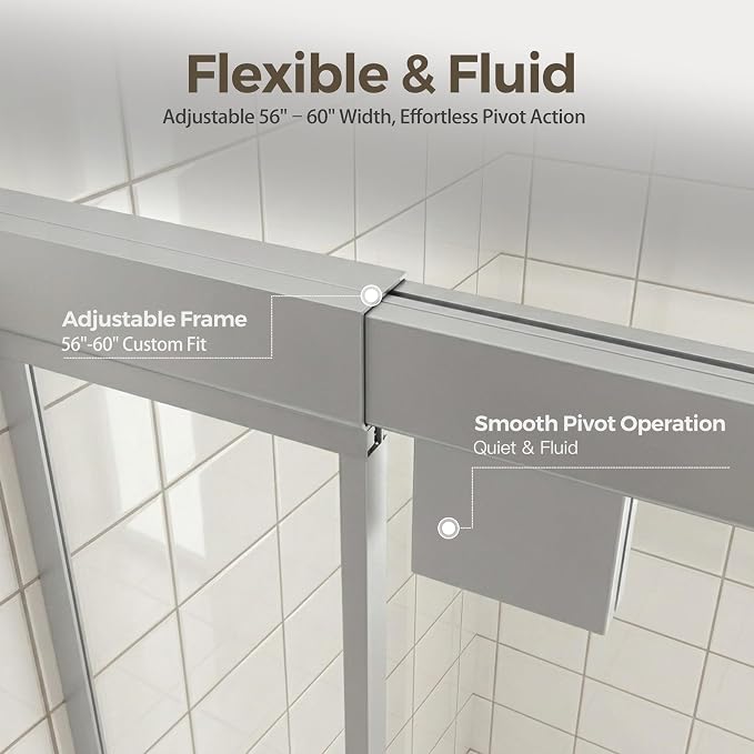 56-60" W x 72" H Semi-Frameless Pivot Swing Shower Doors, Chrome Finish | 1/4" (6mm) Clear SGCC Tempered Glass with a 24.8" walk-in opening, Reversible Installation, Magnetic Closing