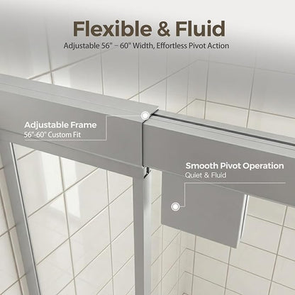 56-60" W x 72" H Semi-Frameless Pivot Swing Shower Doors, Chrome Finish | 1/4" (6mm) Clear SGCC Tempered Glass with a 24.8" walk-in opening, Reversible Installation, Magnetic Closing