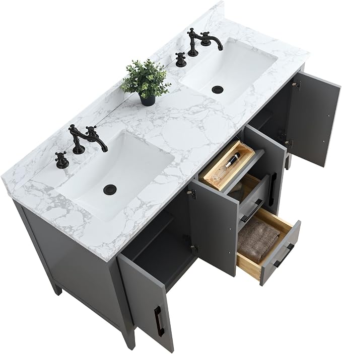 60 Inch Bathroom Vanity with Sink & Ceramic Top, Double Vanity Cabinet with Basin, Soft-Closing Doors & Matte Black Hardware, Grey