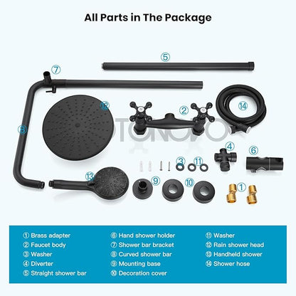 gotonovo Exposed Shower Faucet System 8 Inch Rainfall Shower Head with 8 Function ABS Handheld and Double Cross Handle Wall Mounted Bathroom Luxury Mixer Shower Horizontal Faucet Body Matte Black