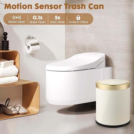 Automatic Bathroom Trash Can with Lid,Motion Sensor Small Trash cans | 2.8 Gallon Touchless Garbage Can, Cute Small Plastic Wastebasket,Sensor White and Gold Trash Bin for kitchen,Bedroom,Office