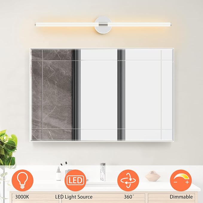 Bathroom Vanity Lights 39" Long LED Vanity Light Bar Chrome | 360° Bright Bathroom Lights, Dimmable Vanity Light, Hardwired Wall Light 3000K Warm White for Mirror