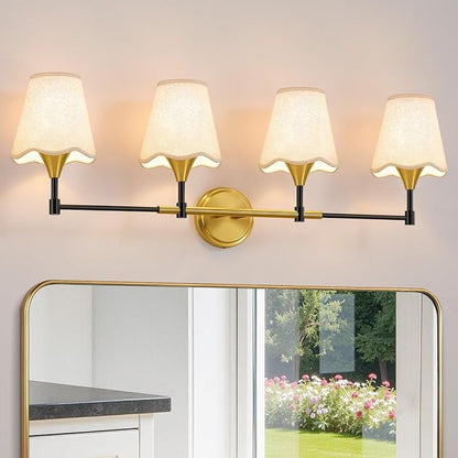 Black Gold Bathroom Vanity Light: 4 Light Vanity Lighting Fixtures with Flared Fabric Shade, Farmhouse Bathroom Lighting Fixtures over Mirror, Wall Sconce Lights for Bedroom Hallway Living Room