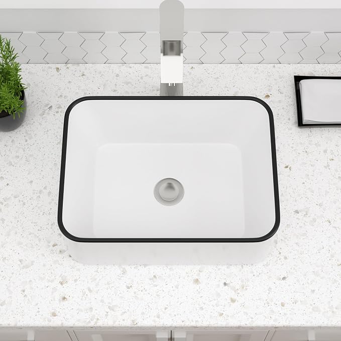 Dcolora Rectangular White Vessel Sink, 16"x12", Black Rim Ceramic Porcelain Bathroom Sink
