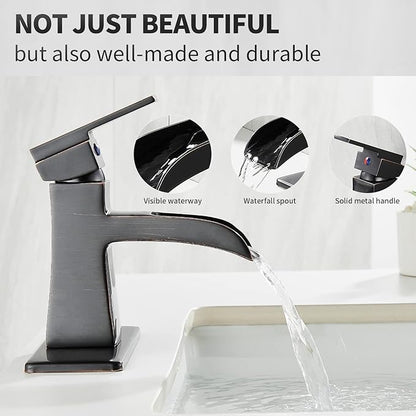 Oil-Rubbed Bronze Waterfall Bathroom Faucet, Sanliv Single Handle Centerset Bathroom Sink Faucet with Pop-Up Drain & Deck Plate for 1 or 3-Hole (4 inch) Installation, Bronze Vanity Faucet, ORB