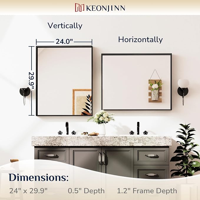 Keonjinn 24x30 Inch Matte Black Bathroom Mirror for Over Sink, Rectangular | HD Tempered Glass, Vanity Mirror, Brushed Framed, Square Corner, Modern Farmhouse, Wall Mounted Mirrors, Aluminum Alloy