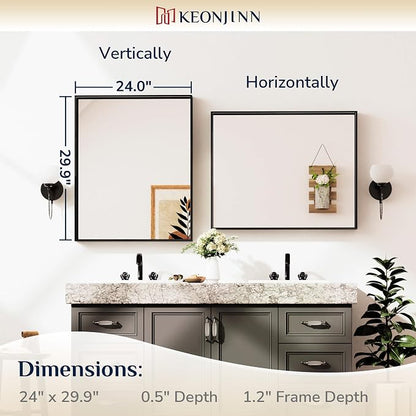 Keonjinn 24x30 Inch Matte Black Bathroom Mirror for Over Sink, Rectangular | HD Tempered Glass, Vanity Mirror, Brushed Framed, Square Corner, Modern Farmhouse, Wall Mounted Mirrors, Aluminum Alloy