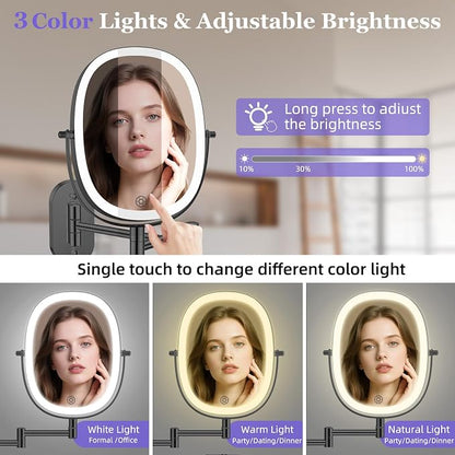 FUNTOUCH 5000mAh Rechargeable Wall Mounted Lighted Makeup Mirror,Black | Double Sided 30X/1X Magnifying Mirror Wall Mounted,Extended Arm 360°Rotation,Touch Dimmable,3 Color Lights for Bathroom