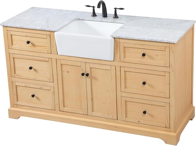 60" Pre-Assembled Bathroom Vanity with Sink, Solid Birch and MDF, Carrara White Marble Countertop Attached, Single Rectangle Porcelain Sink, 6 Soft-Close Drawers, Natural Wood