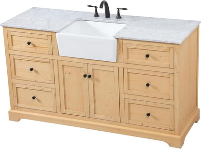 60" Pre-Assembled Bathroom Vanity with Sink, Solid Birch and MDF, Carrara White Marble Countertop Attached, Single Rectangle Porcelain Sink, 6 Soft-Close Drawers, Natural Wood