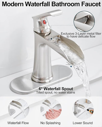 Waterfall Bathroom Faucet, Brass Brushed Nickel Bathroom Faucets, Single Handle Bathroom Sink Faucet, 4 Inch Vanity Faucet 1 Hole or 3 Holes with Drain Deck Plate & Supply Hoses for RV Lavatory