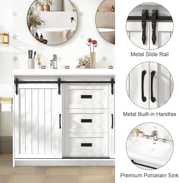 47 inch Bathroom Sink Vanity Combo, Large Freestanding Double Bath Vanity Sink Set with 2 Drawers & 2 Sliding Doors,Dual Basin Bathroom Storage Cabinet,Grey